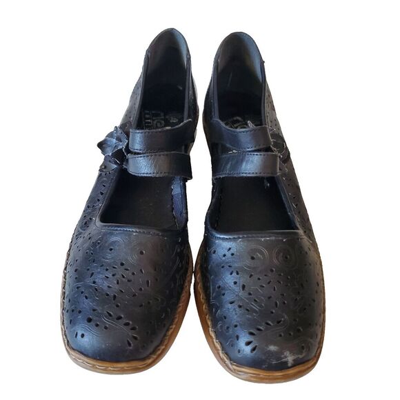 RIEKER Antistress Black Leather Mary Jane Flats Women's EU 42 US 11-12 Laser Cut - Picture 1 of 16